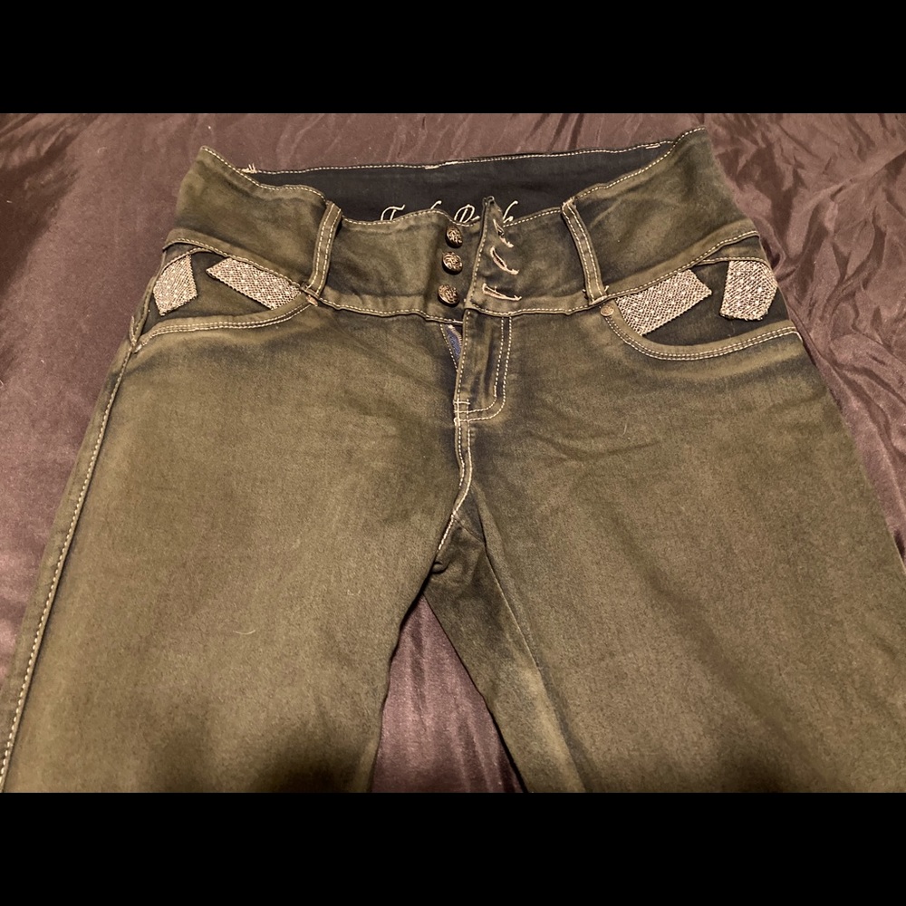 High waisted army green jeans with bling